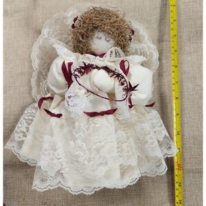 Vintage Handmade Angel Christmas Tree Topper Lacy Dress Burgundy & Creme Color